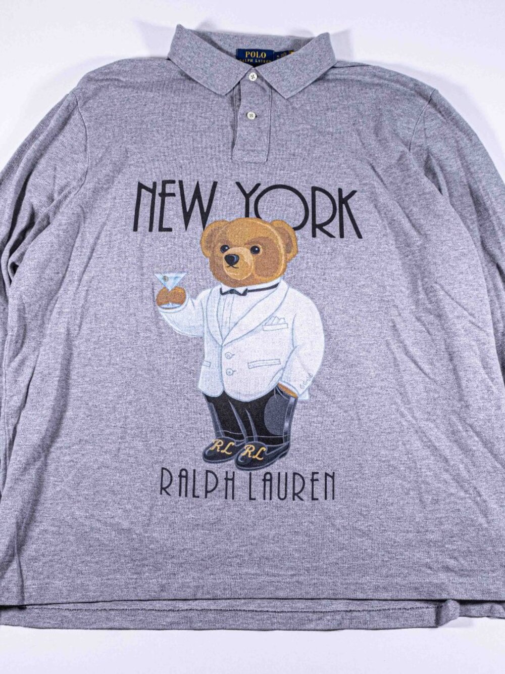 Polo Ralph Lauren Bear New York Cocktail Polo Shirt Long Sleeve Mens XL Y2K